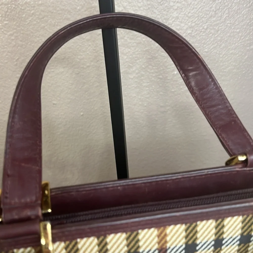 DAKS Vintage Plaid Structured Tote Satchel Burgundy Leather Trim